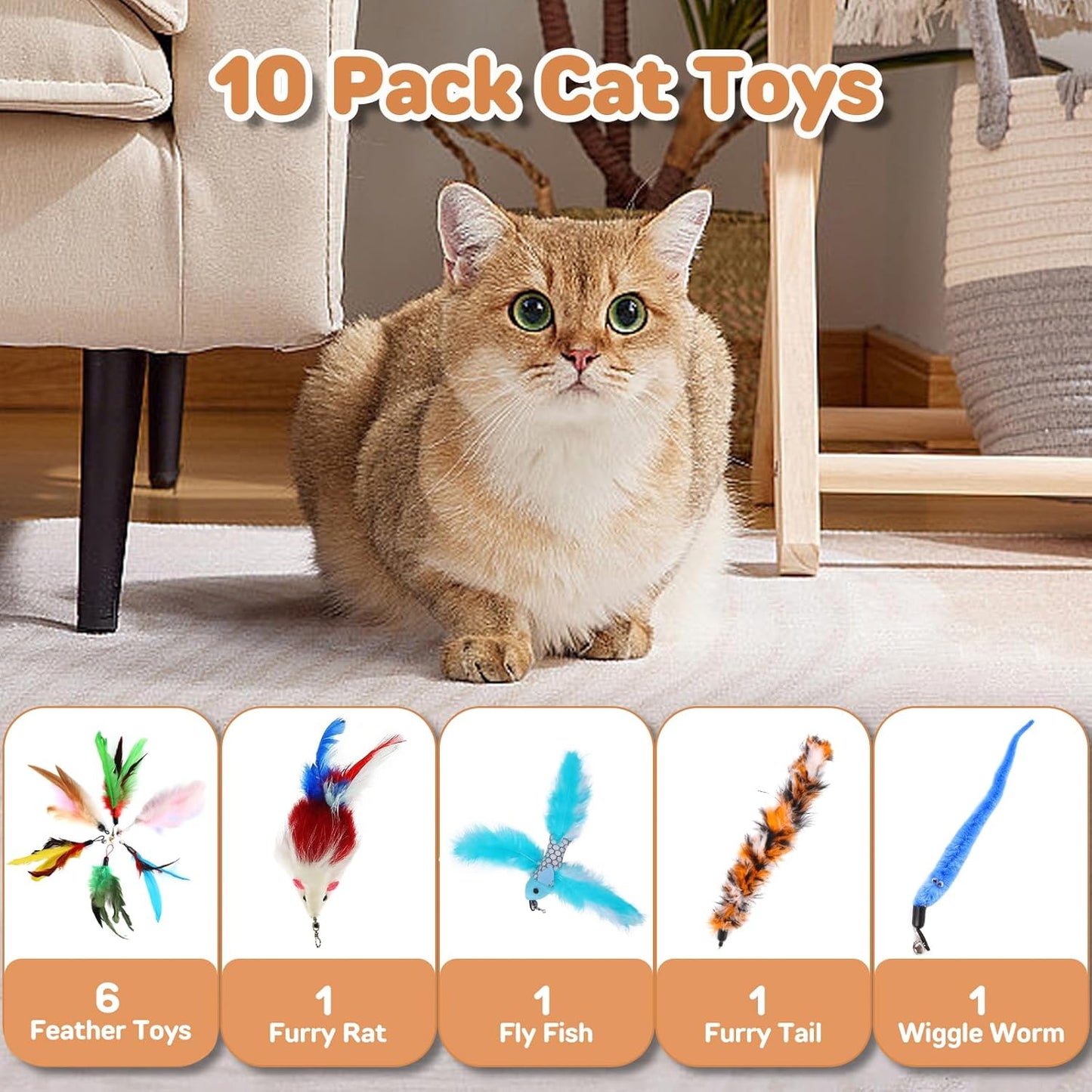 Interactive Feather Cat Toy for Indoor Cats - 10 Piece Teaser Wand Refills